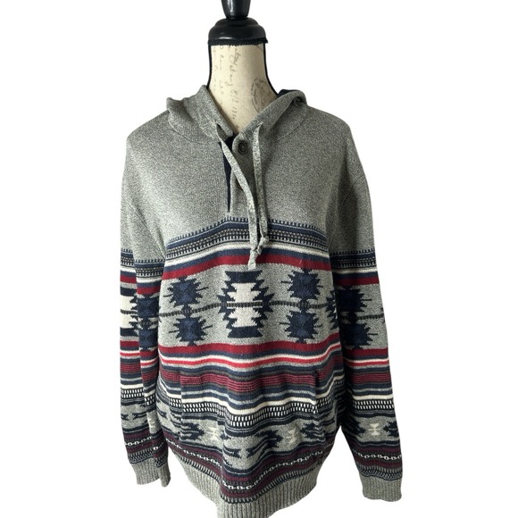 American Eagle Sweater Ivory‎ Gray Aztec Knitted Hoodie Pullover Men Medium